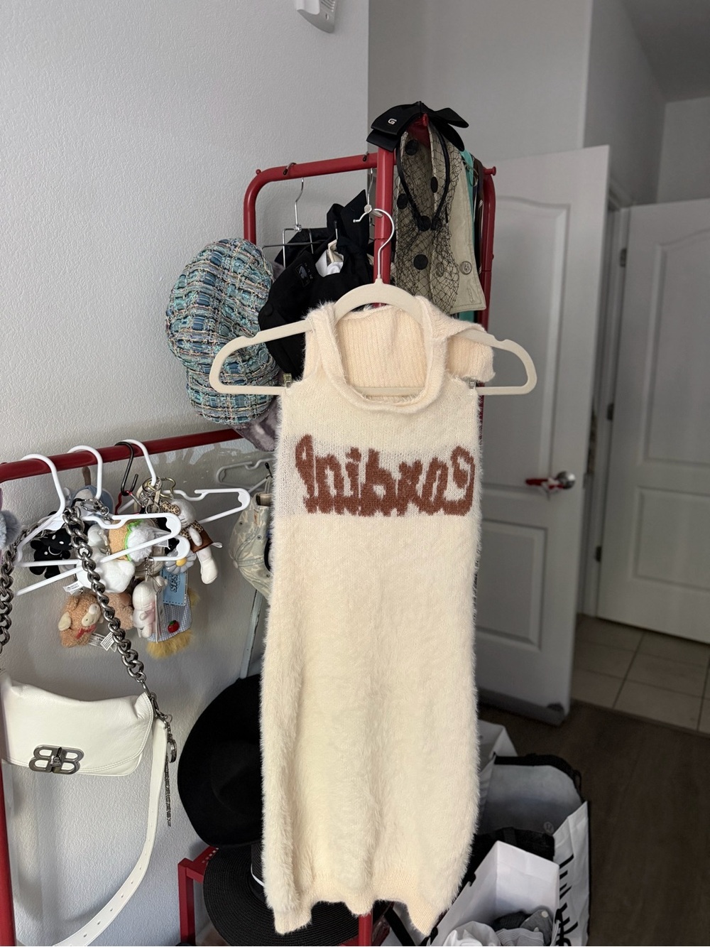 Cream Fuzzy Knit Mini Dress with Brown Graphic Logo 🤎